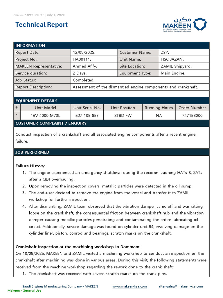 Crankshaft Inspection Report for HSC JAZAN | PDF | Engines | Rotating ...