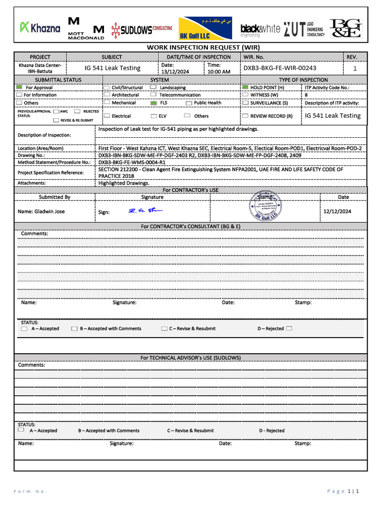 IG-541 Leak Test Inspection Request | PDF | Specification (Technical ...