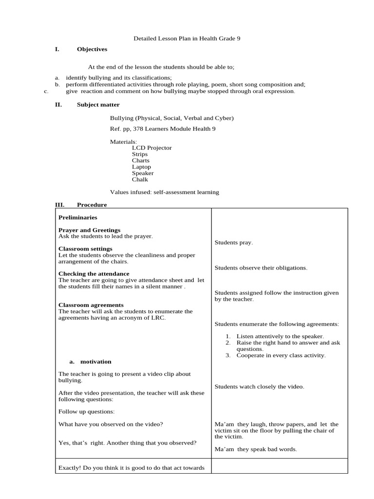 Grade 9 Health Lesson on Bullying | PDF | Bullying | Lesson Plan