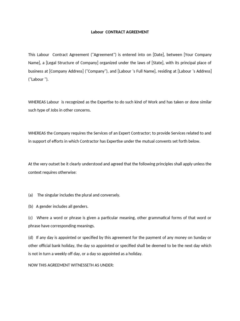 Labour Contract Agreement Template | PDF | Justice | Crime & Violence