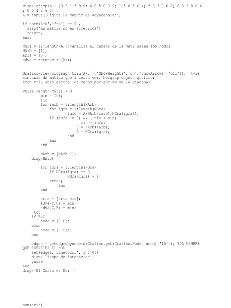 Algoritmo de Prim Implemetacion Codigo Matlab | PDF
