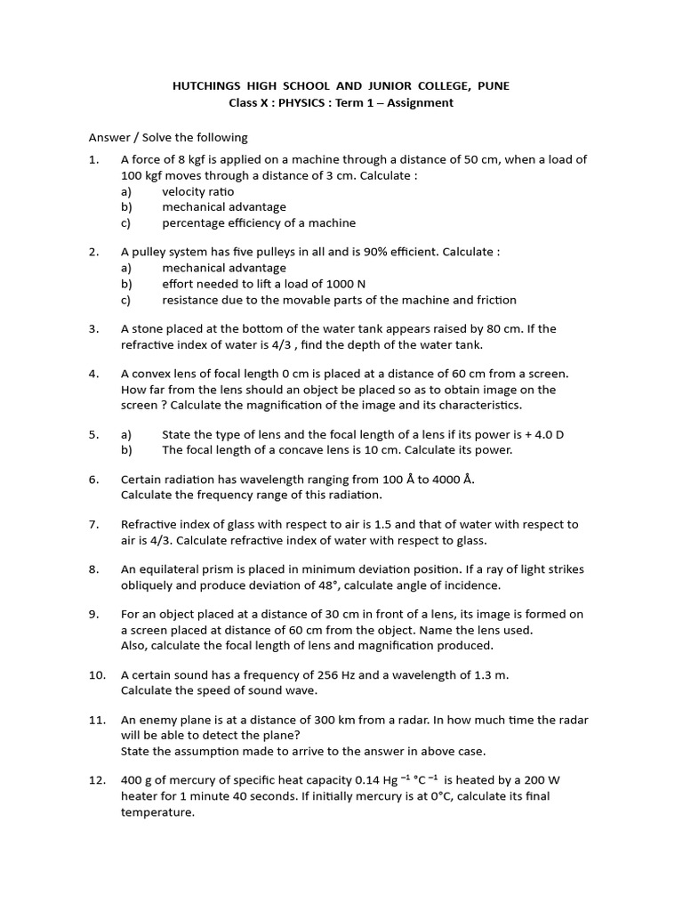 HHS - Term 1 - Class X - Assignment | PDF