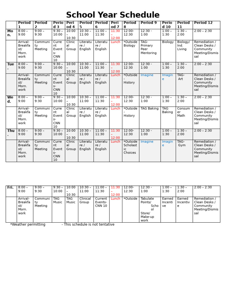 Weekly School Schedule Overview | PDF