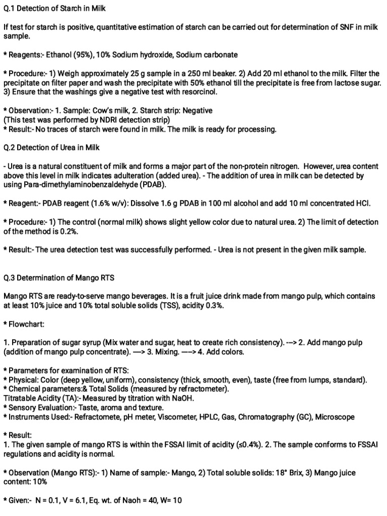Milk and Mango RTS Quality Tests | PDF | Titration | Chemistry