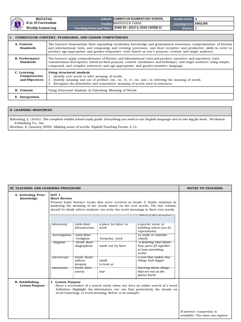 Week 3 English Lesson Plan | PDF | Reading Comprehension | Word