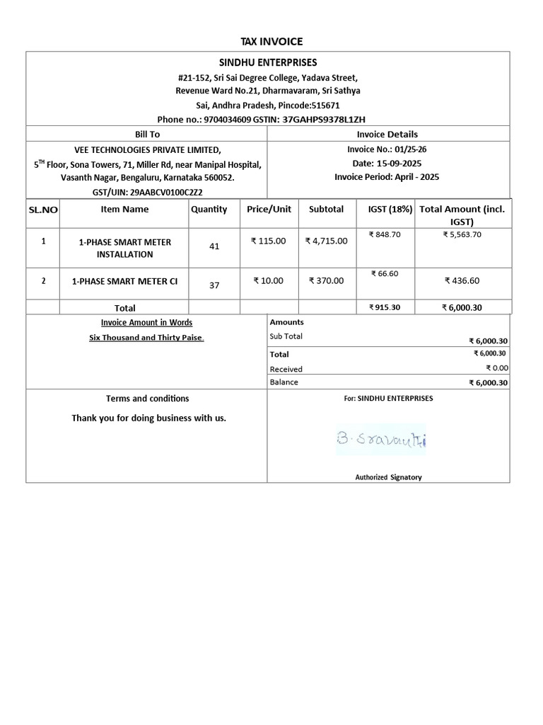 Sindhu April Tax Invoice | PDF | Invoice | Business Documents
