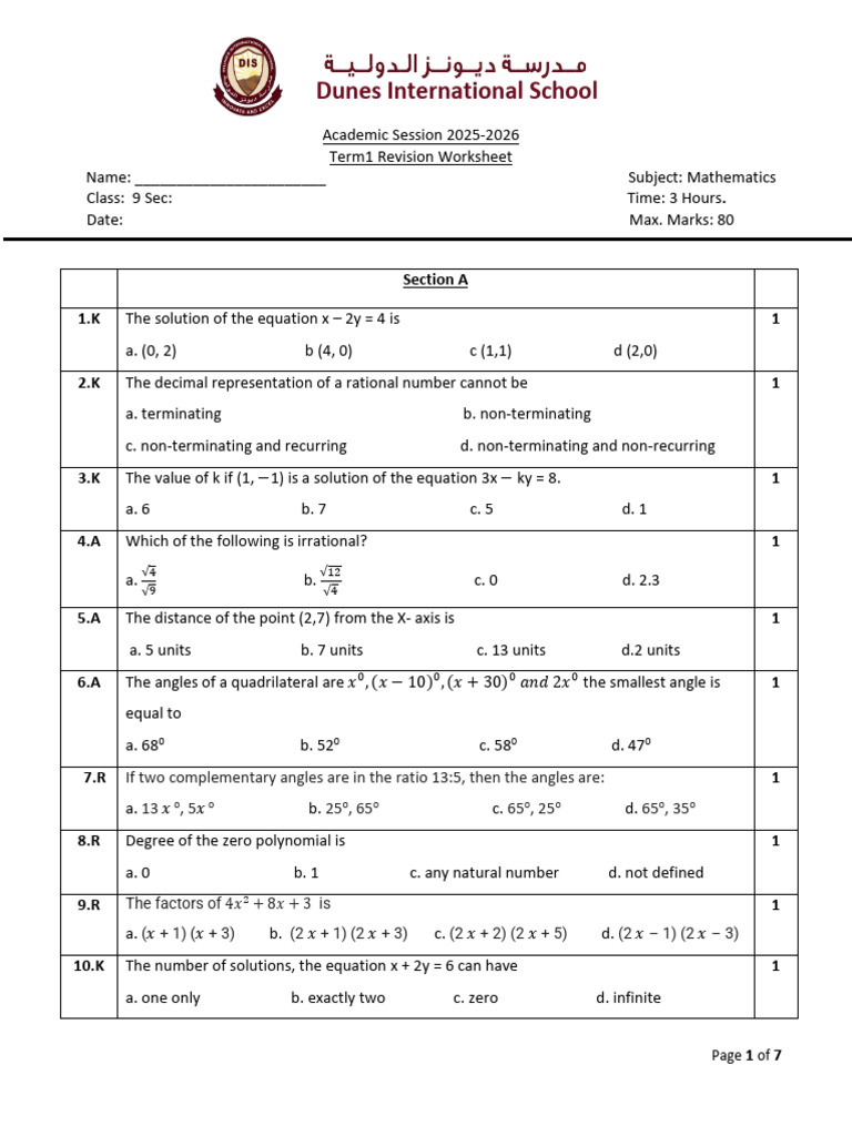 Class 9 Mathematics Term 1 Revision Worksheet | PDF | Triangle | Angle