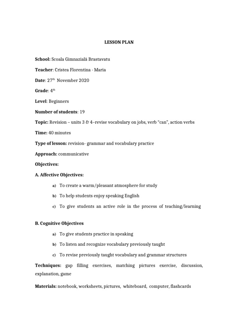 4th Grade English Revision Lesson Plan | PDF | Vocabulary | Teachers