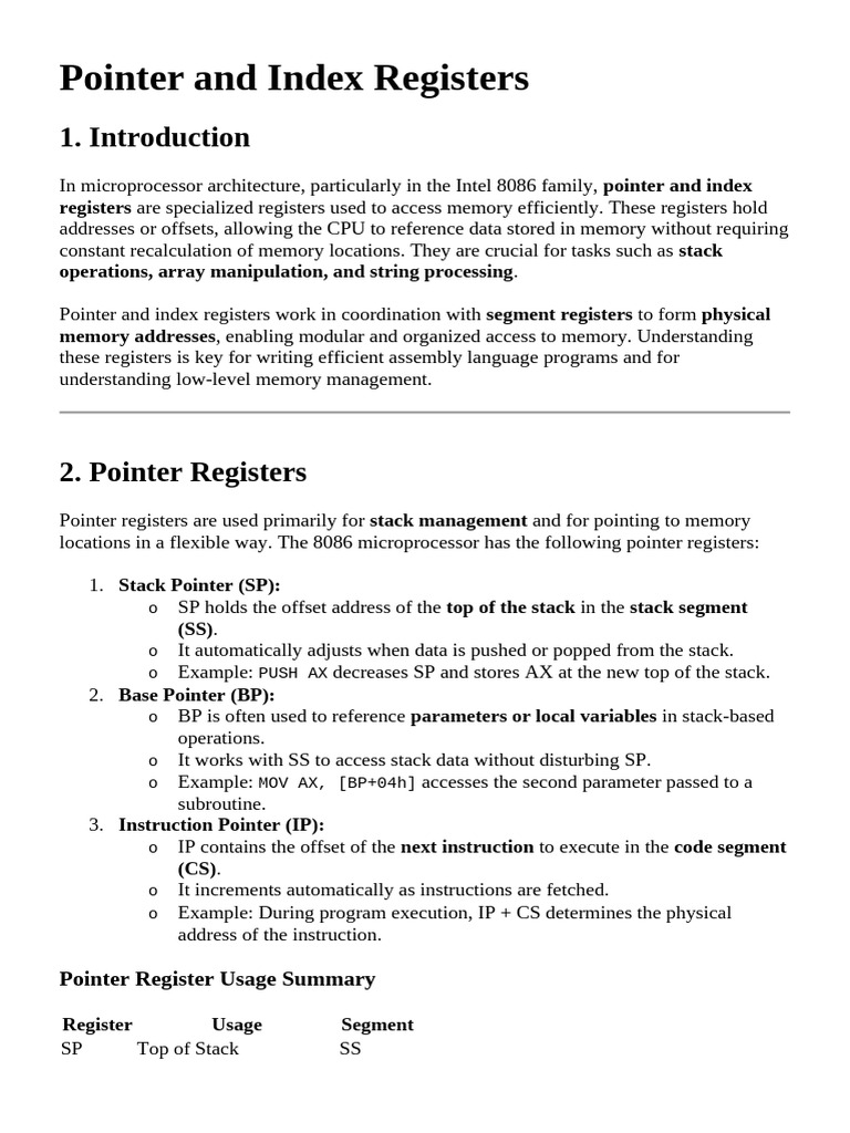 Pointer and Index Registers in 8086 | PDF | Pointer (Computer ...