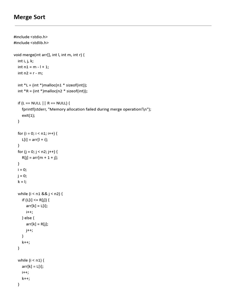 Merge Sort Algorithm in C | PDF | System Software | Computer Science