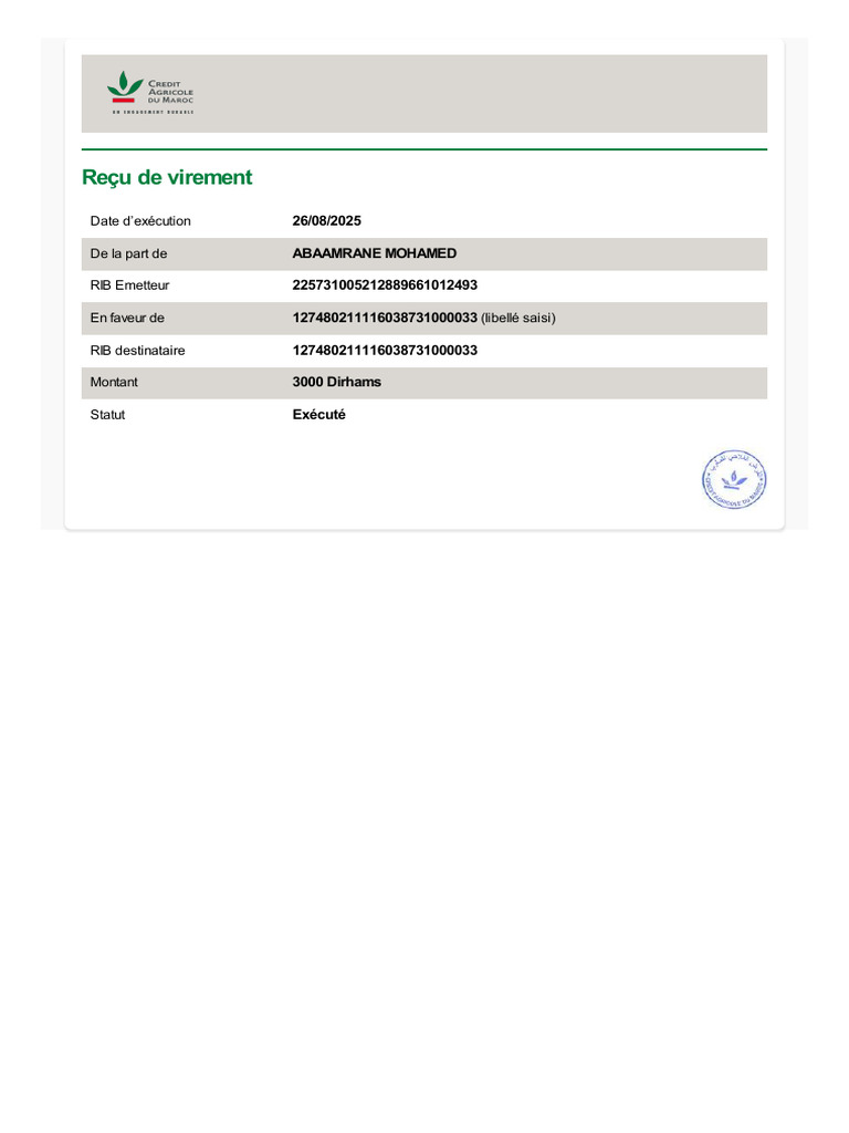 Reçu de virement de 3000 Dirhams | PDF