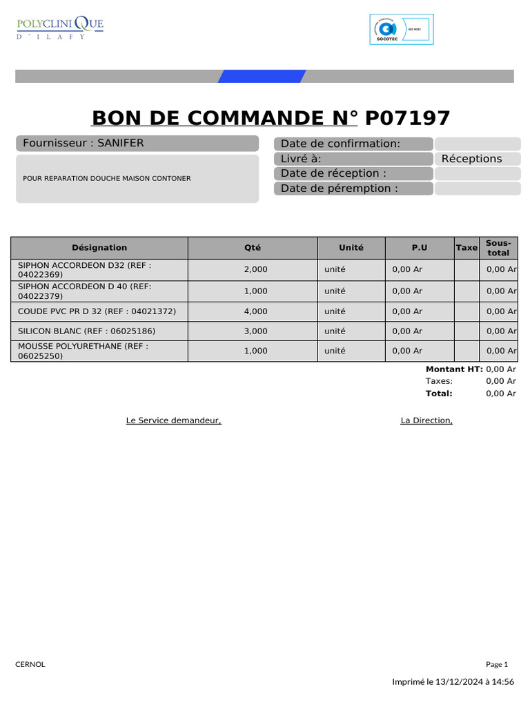 Bon de commande pour réparation douche | PDF
