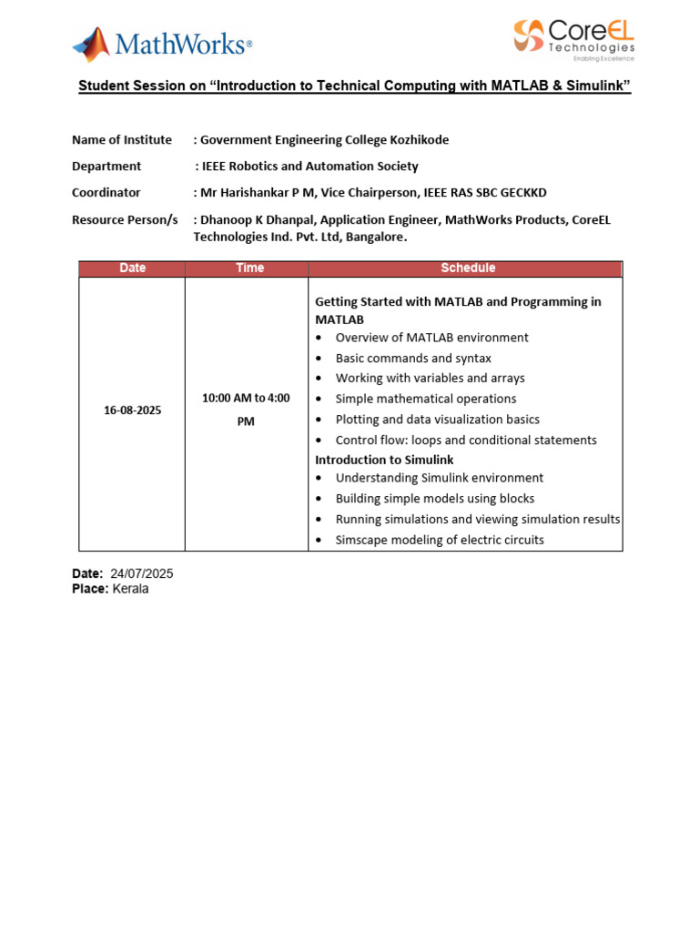 MATLAB & Simulink Workshop at GECKKD | PDF