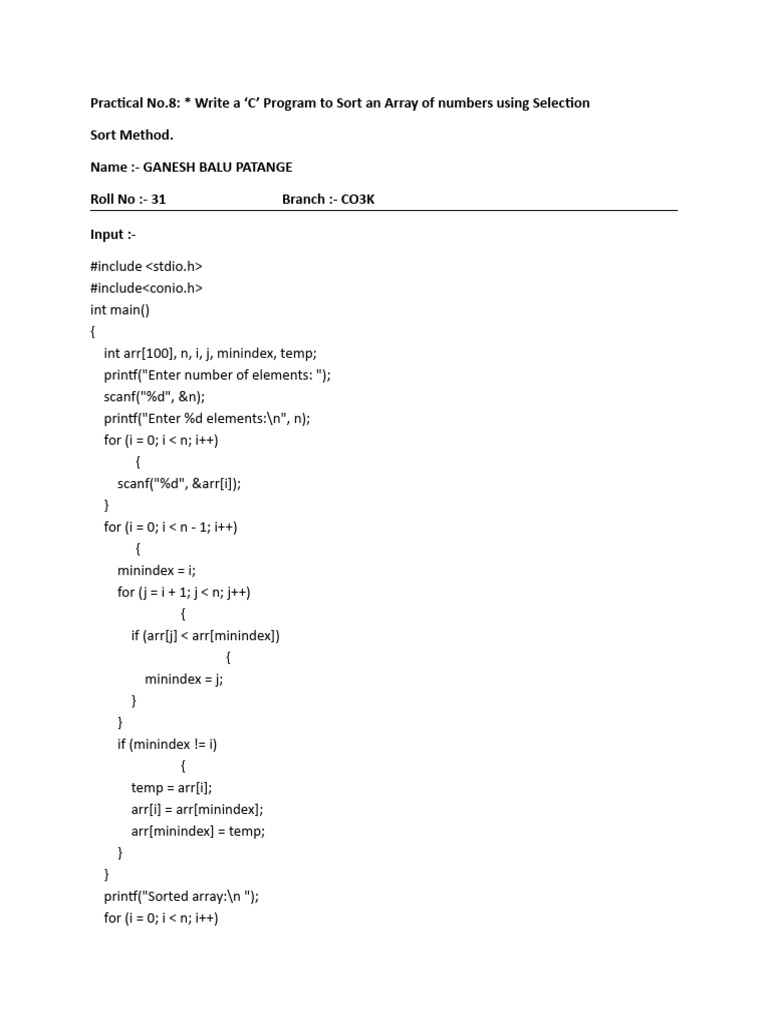 C Program for Selection Sort Algorithm | PDF