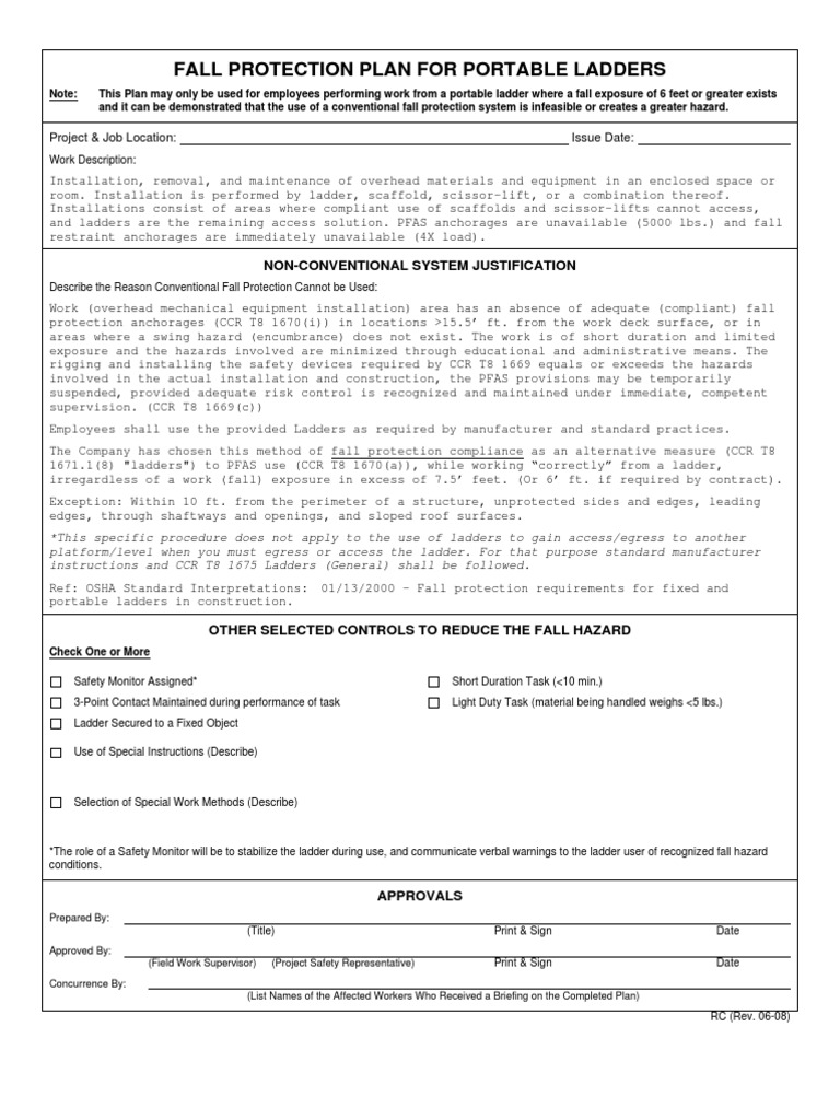 Portable Ladder Fall Protection Plan | PDF | Ladder | Scaffolding