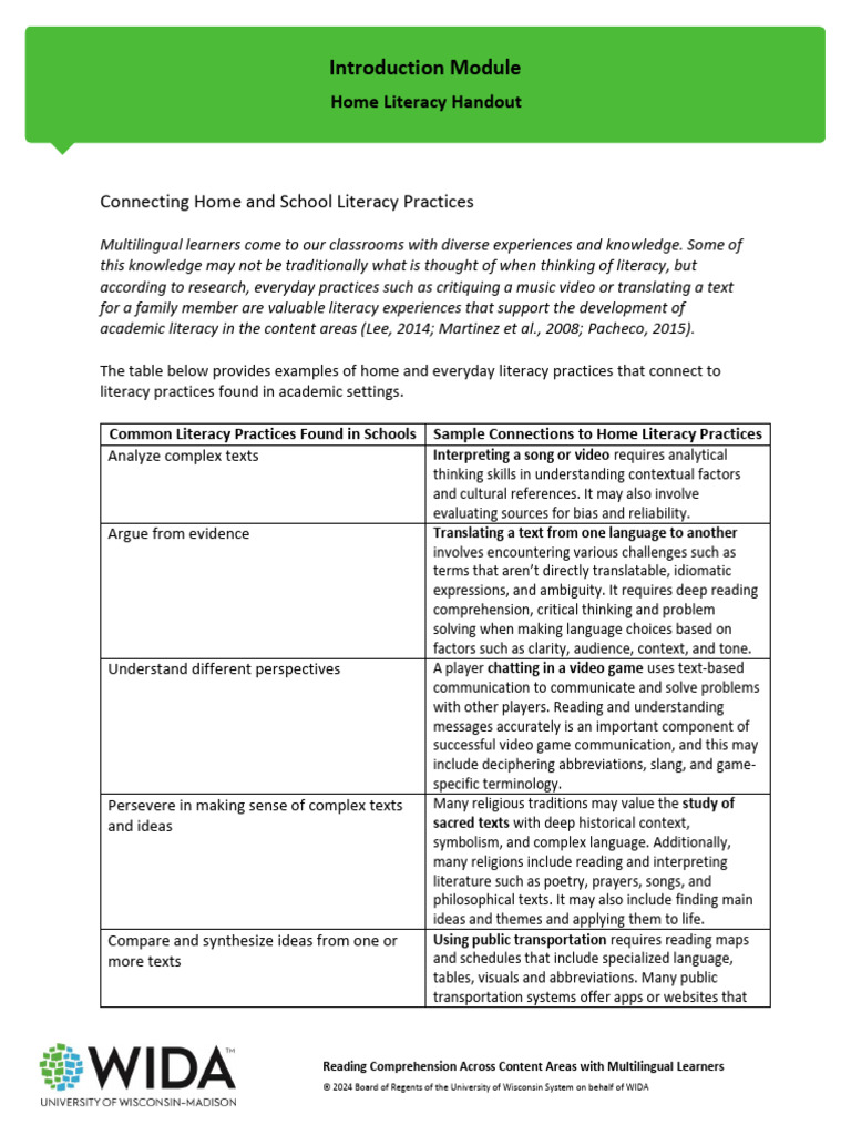 Home Literacy Connections Handout | PDF | Literacy | Reading Comprehension