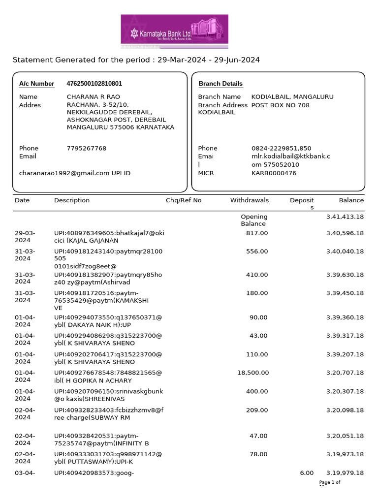 829561795 Karnataka Bank Statement | PDF | Banks | Banking