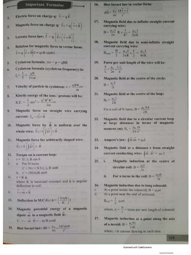 Magnetic Field Due To Electric Current - Formulae | PDF