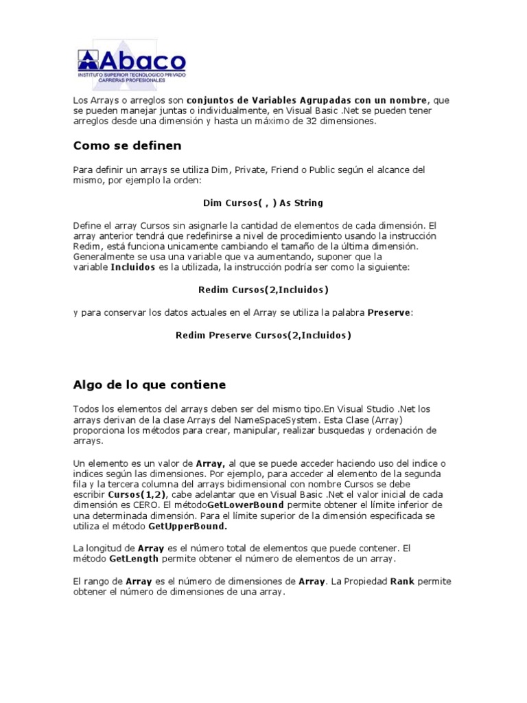 Arrays en Visual Basic .Net: Definición y Uso | PDF | Estructura de ...
