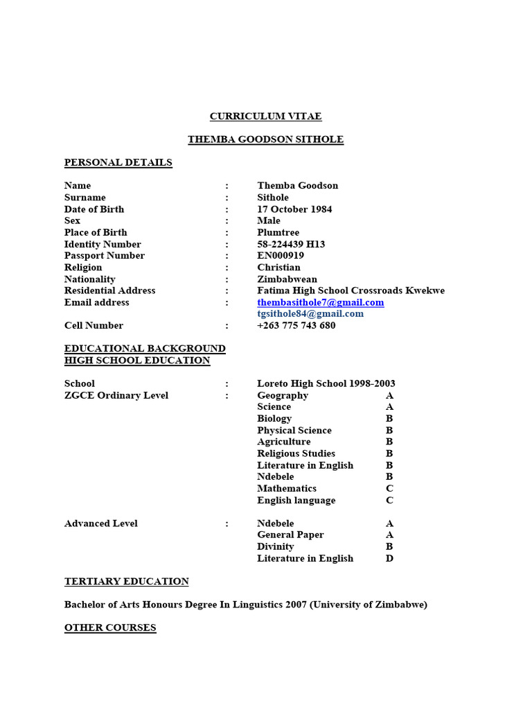 Themba Sithole Curriculum Vitae | PDF | Zimbabwe