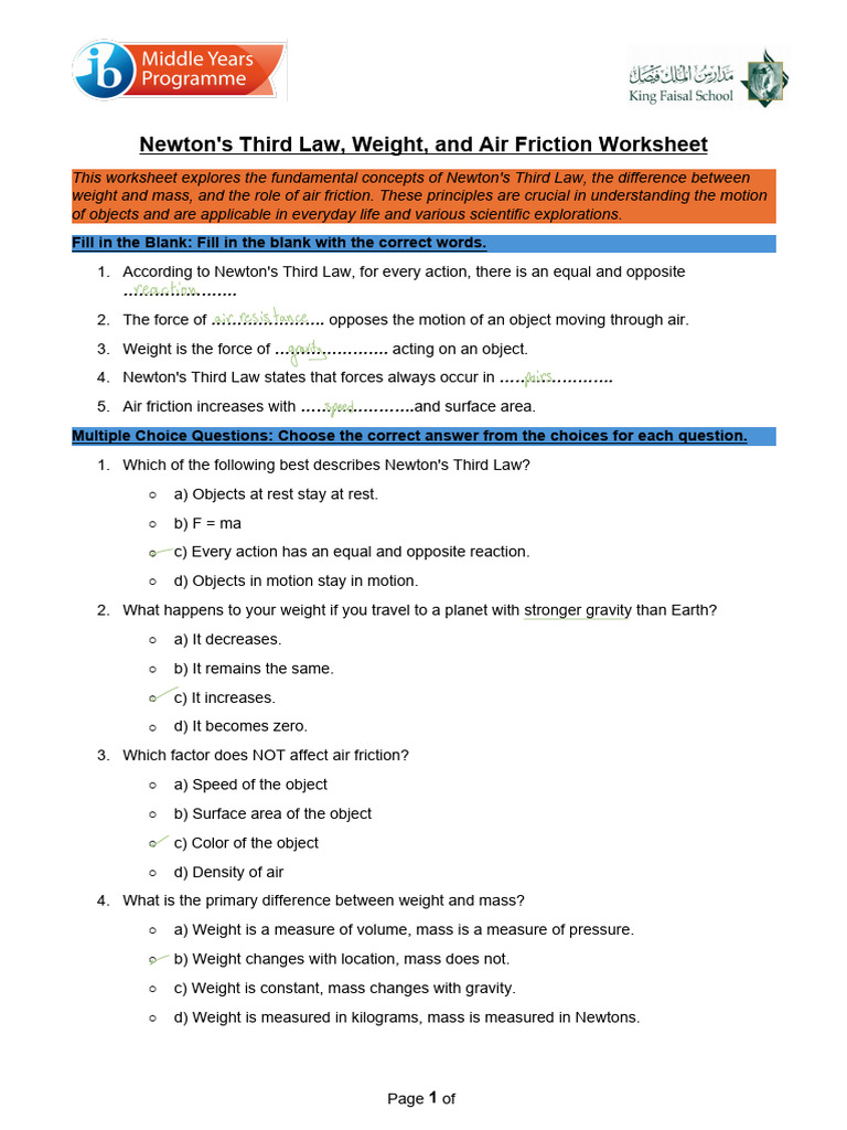 Newton's Third Law and Weight Worksheet | PDF | Weight | Force