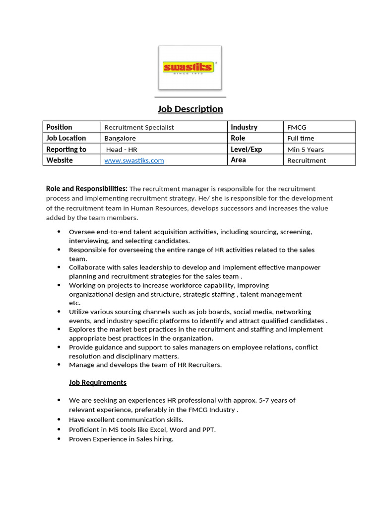 Recruitment Specialist Job in FMCG, Bangalore | PDF
