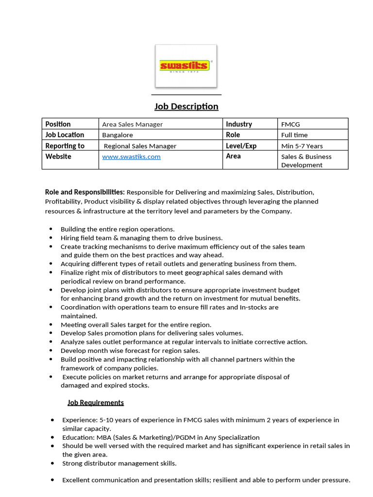 Area Sales Manager Job in FMCG, Bangalore | PDF | Market (Economics ...