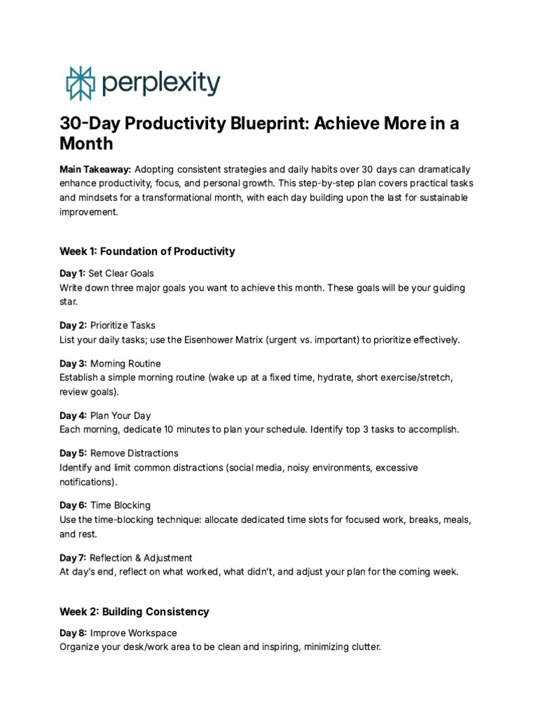 30-Day Productivity Plan for Focus | PDF | Relaxation (Psychology ...
