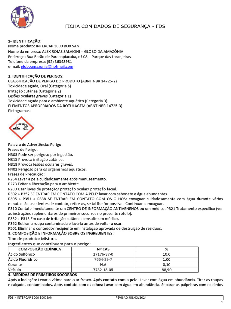 Ficha de Segurança do INTERCAP 3000 Box San | PDF | Toxicidade ...