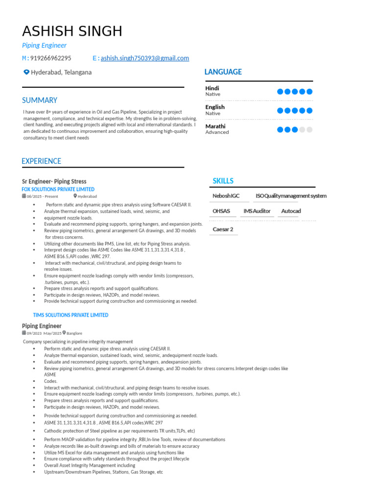 Piping Engineer Resume - Ashish Singh | PDF | Mechanical Engineering
