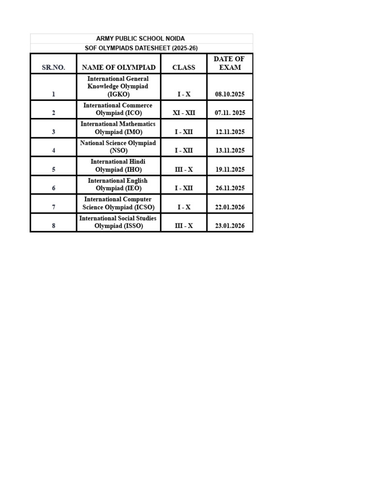 SOF Olympiad Datesheet 2025-26 | PDF