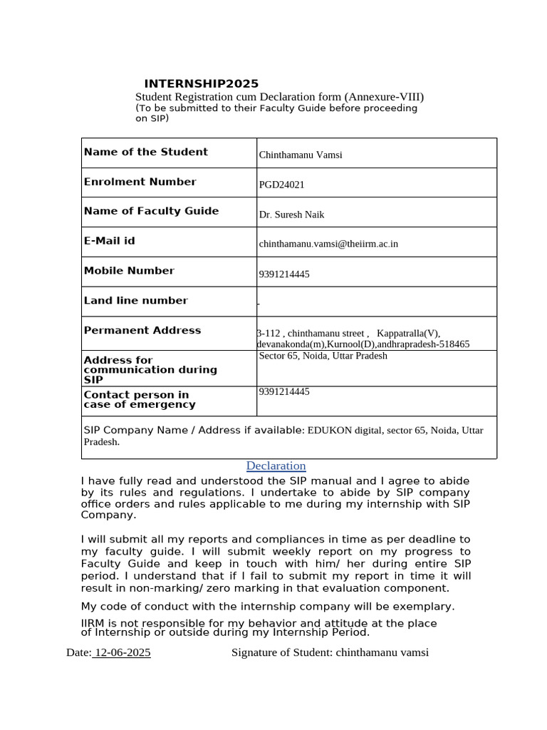 Internship Registration and Declaration Form | PDF