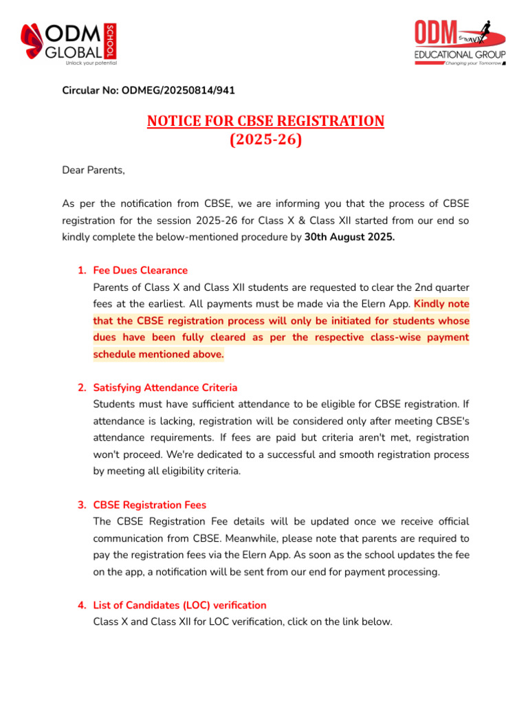 CBSE Registration Notice for 2025-26 | PDF