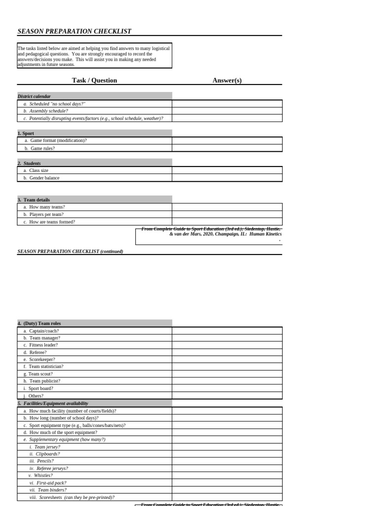 Season Preparation Checklist for Sports | PDF