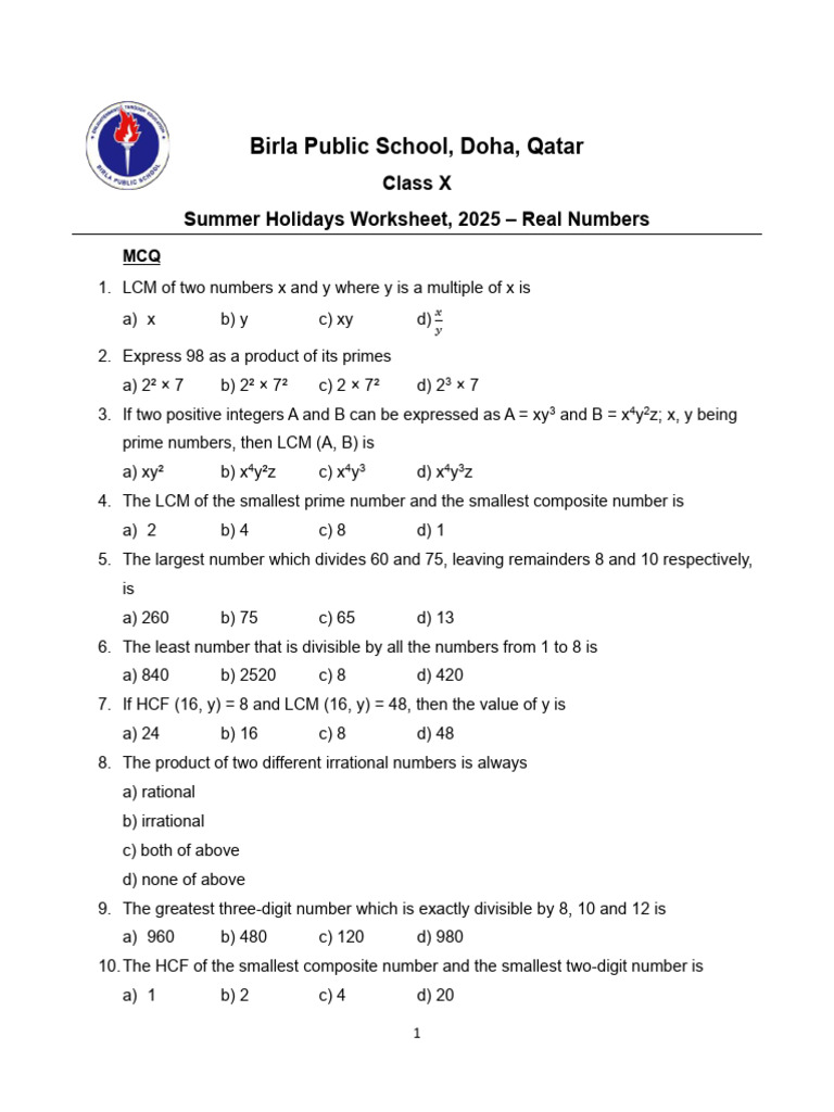 Class X Real Numbers Worksheet 2025 | PDF | Mathematical Concepts ...