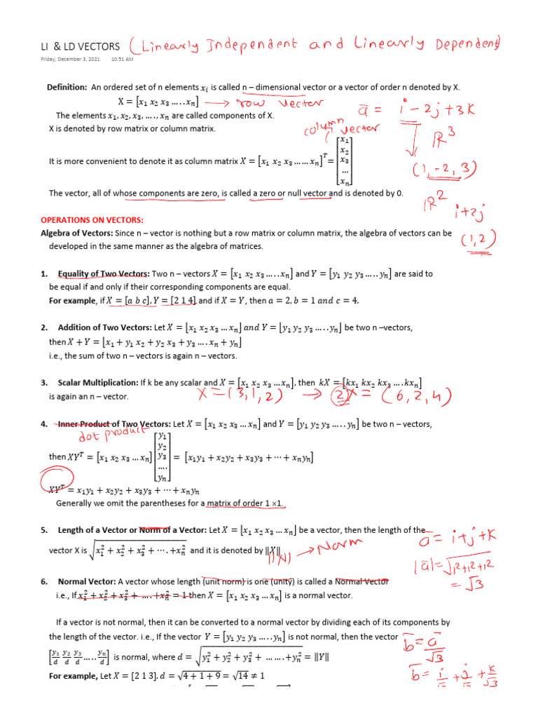 Vector Operations and Linear Dependence | PDF | Vector Space | Matrix ...