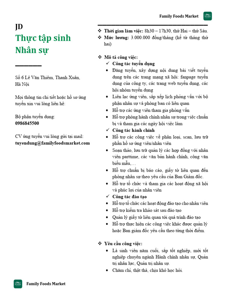 JD TTS Nhân Sự FFM | PDF