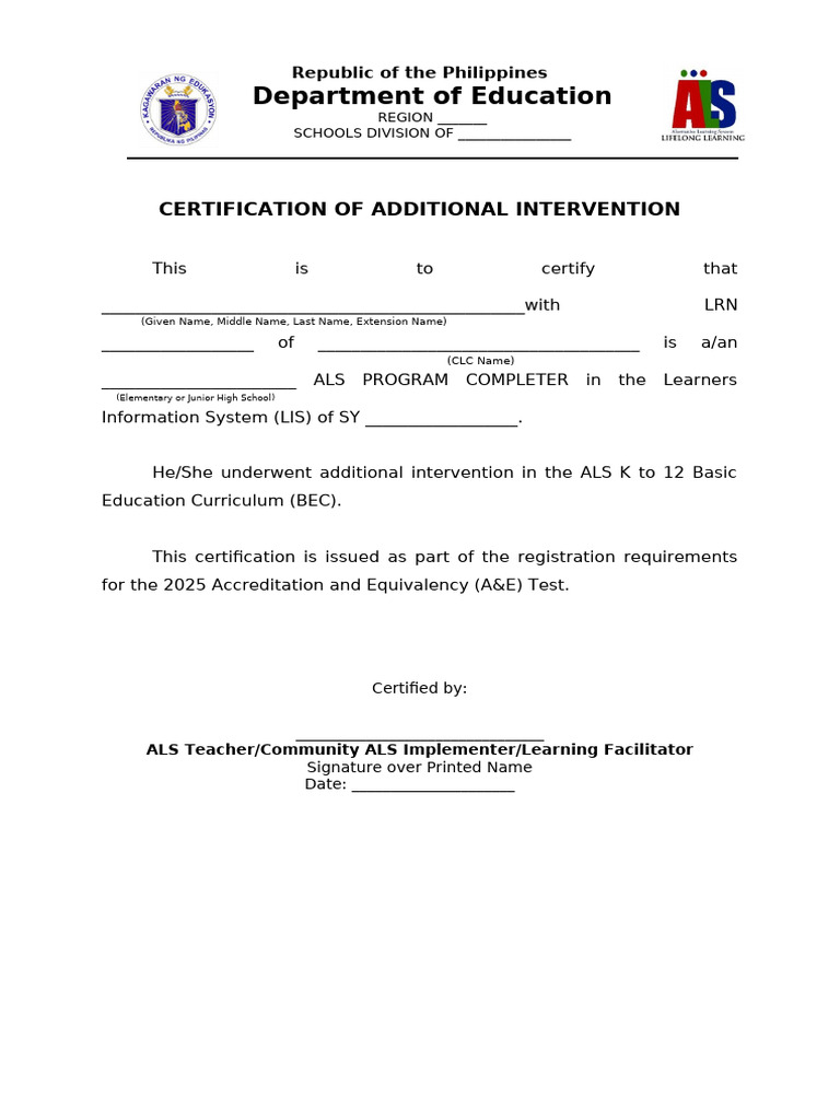 ALS Program Completion Certification | PDF