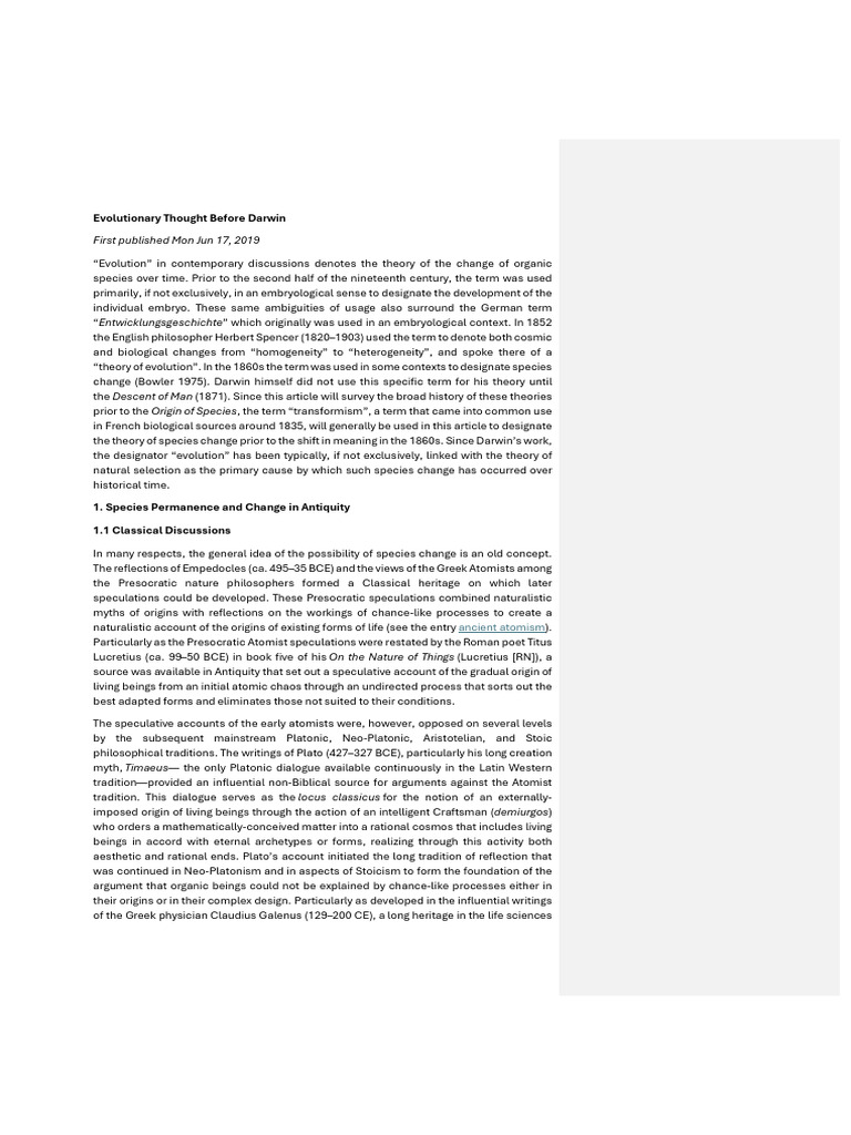 Evolutionary Thought Before Darwin | PDF | Aristotle | René Descartes