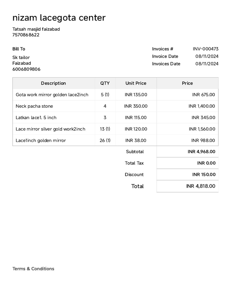 Invoice for Lace Products Purchase | PDF
