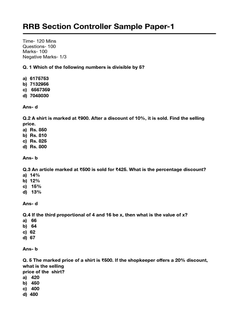 RRB Section Controller Sample Paper 1 | PDF | Sphere | Area