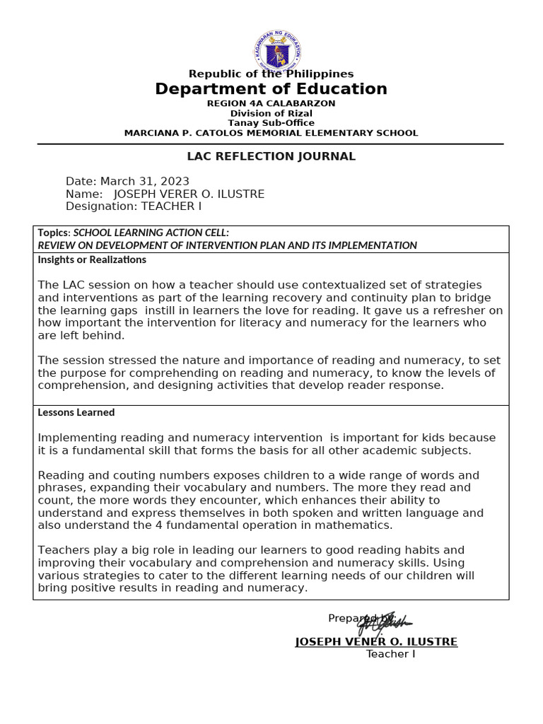 LAC Reflection on Literacy Interventions | PDF