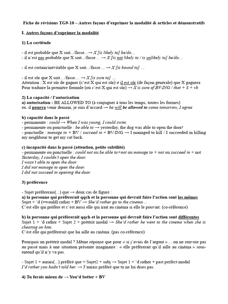 Modalité et articles en anglais | PDF | Nombre grammatical | Verbe
