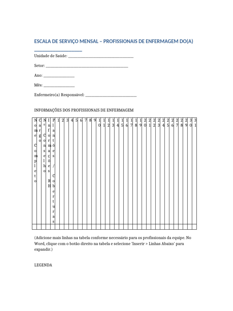 Escala Mensal de Enfermagem 2023 | PDF