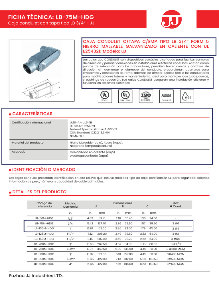 Caja Condulet LB 3/4” - Ficha Técnica | PDF