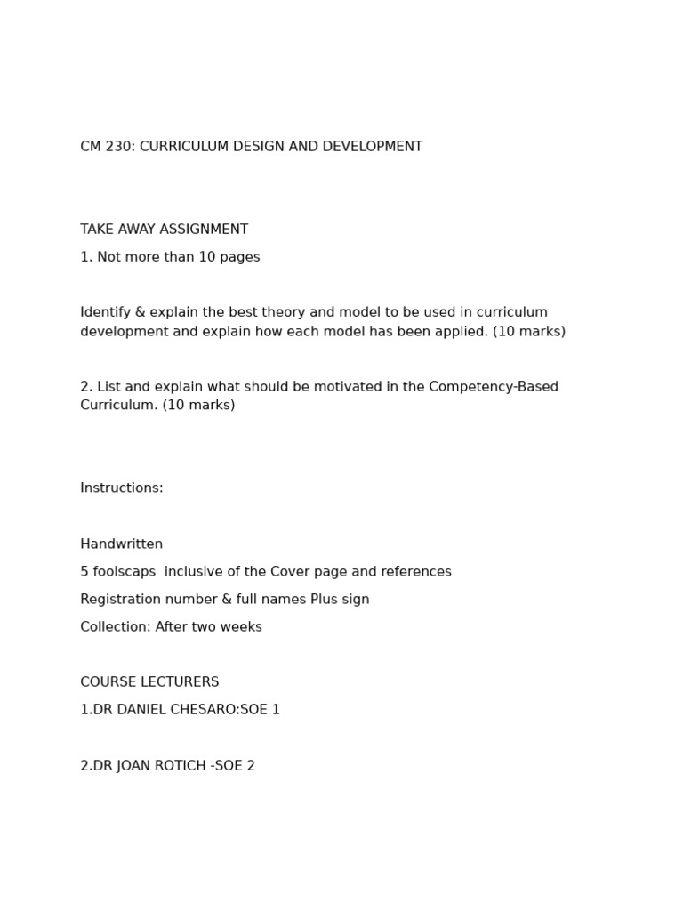 CM 230 Curriculum Development Assignment | PDF