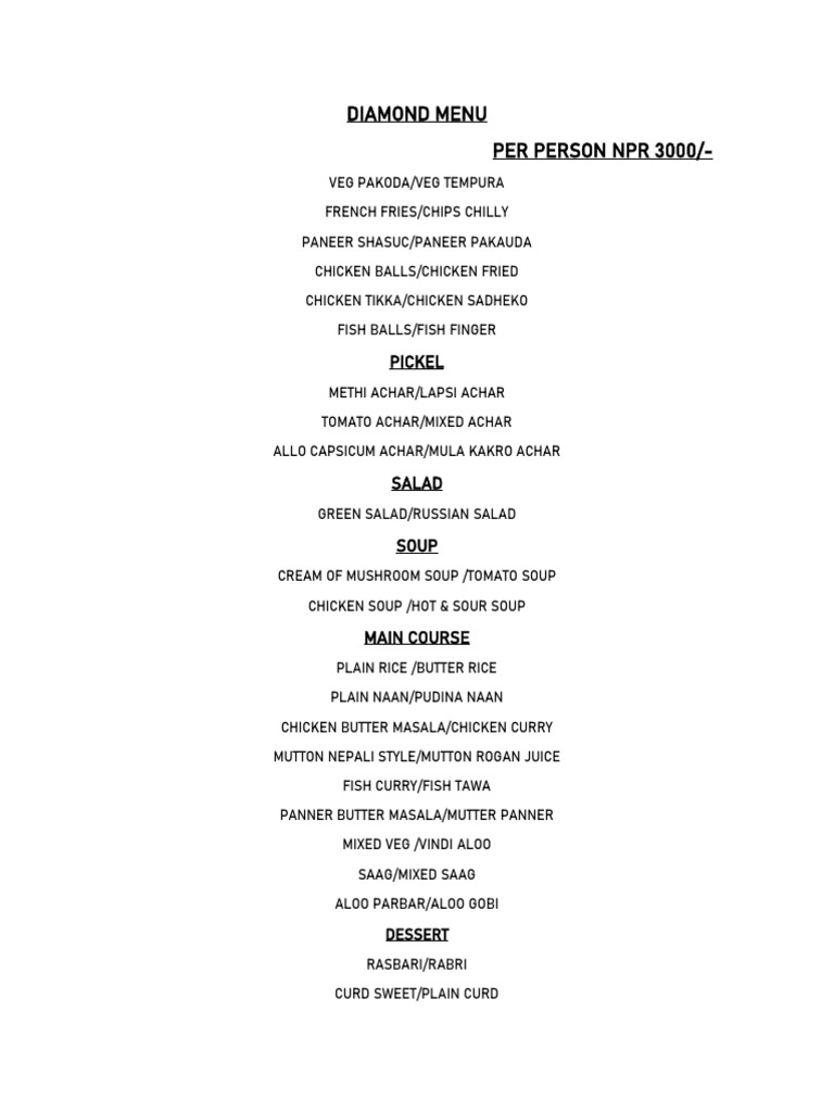 Diamond Restaurant Menu Overview | PDF | Curry | Soup