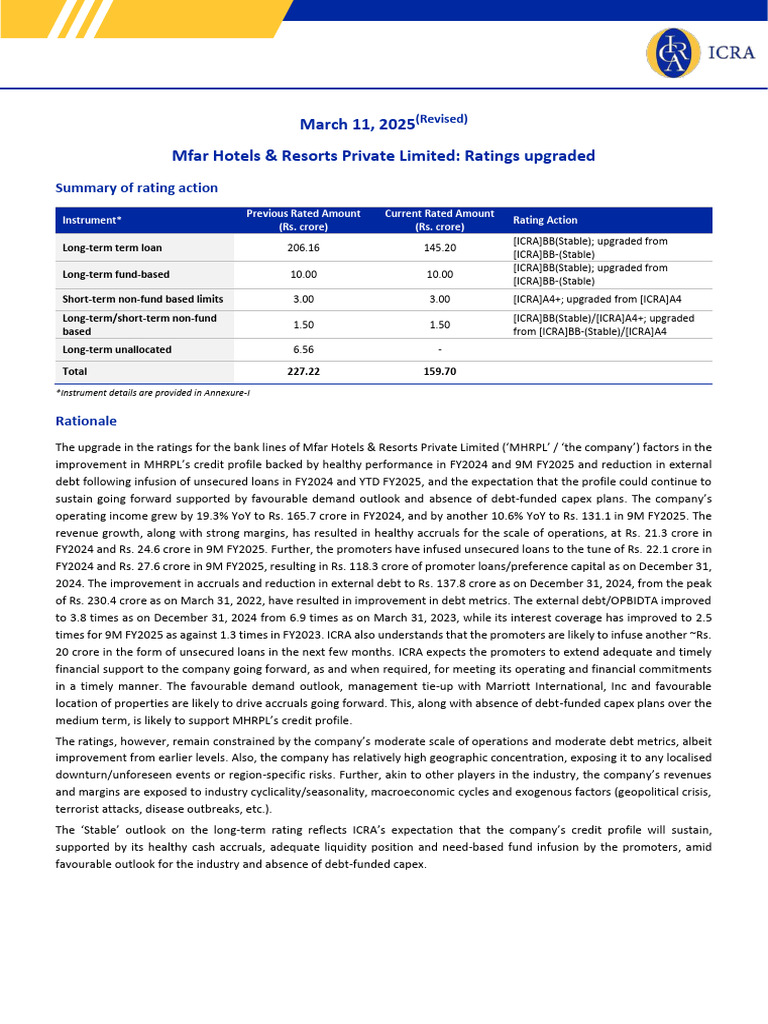 Mfar Hotels' Credit Rating Upgraded | PDF | Loans | Debt