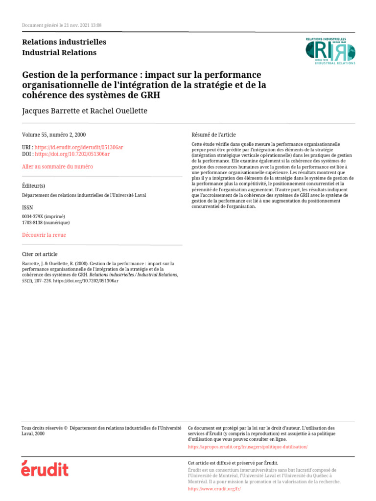 Gestion de La Performance Impact Sur La Performance Organi Et GRH | PDF