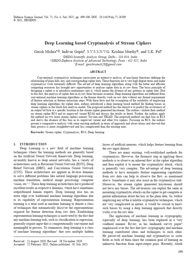 Deep Learning in Stream Cipher Cryptanalysis | PDF | Deep Learning ...